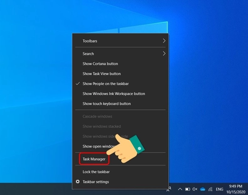 Taskbar với tùy chọn Task Manager